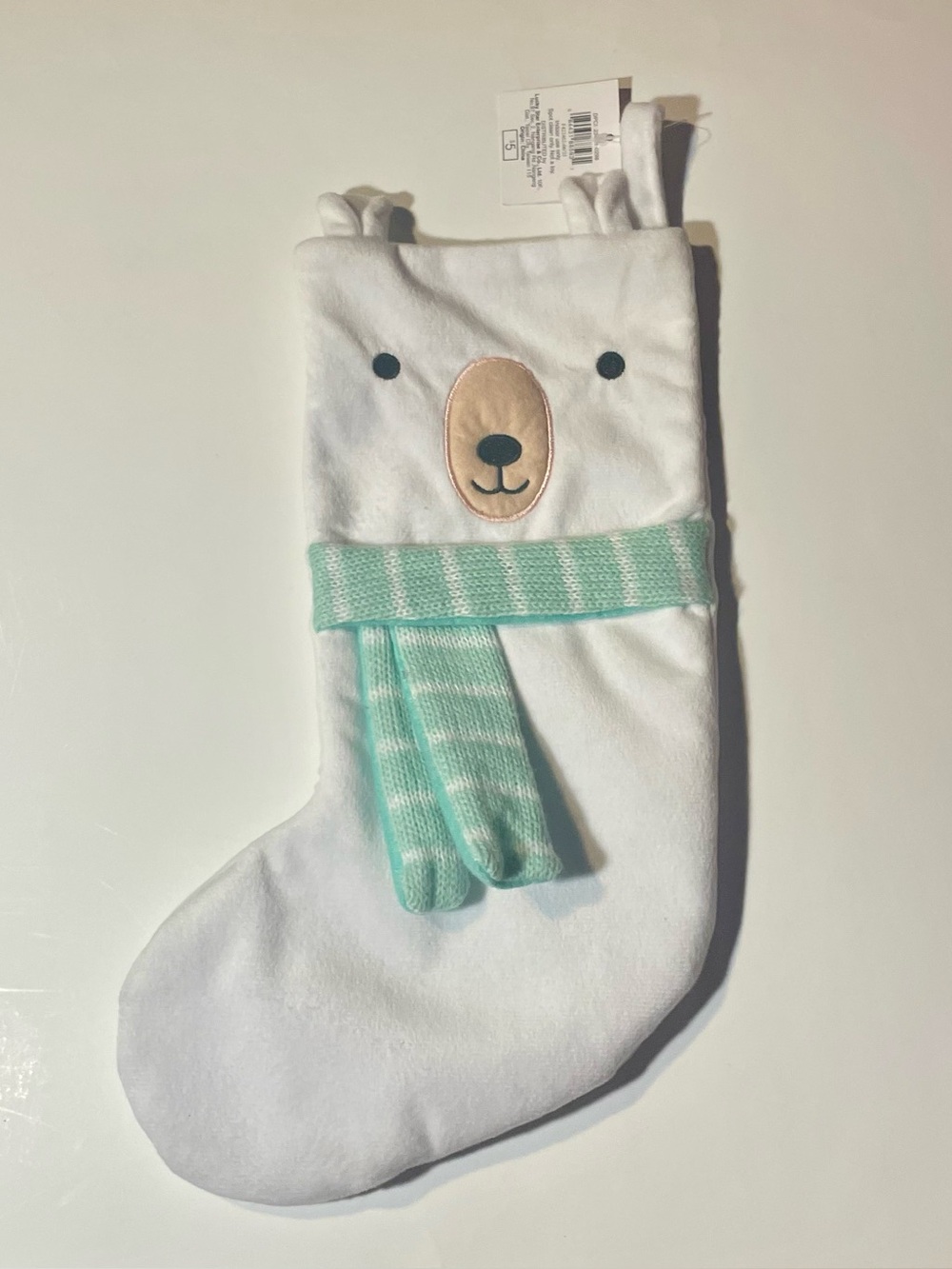 Kids White Polar Bear Stocking with Mint Scarf NWT Festive Holiday Christmas
